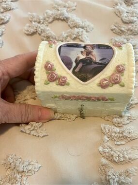 Kim Anderson Heart-Top Porcelain Jewelry Box with Pink Rose Accents
